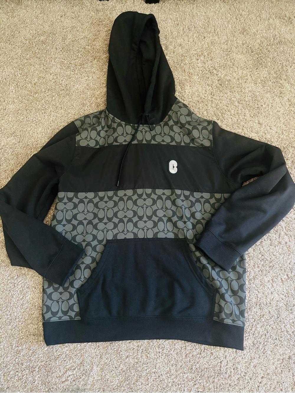 NWOT Coach Black & Charcoal Logo Panel Hooded Sweatshirt